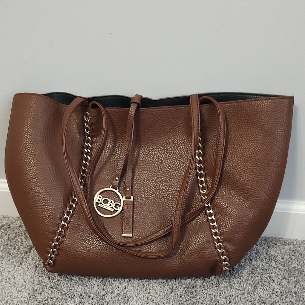 BCBG Brown and Gold Tote Bag with Chain-Link Straps
